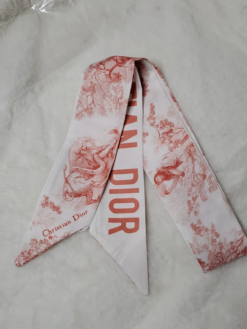 Bag Accessorie Dior Toile Twilly Scarf in Coral-Pink and White